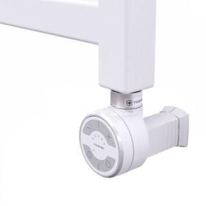 White thermostatic heating element with a sleek design, featuring a circular control panel with buttons for temperature adjustment, made of durable enamel material.