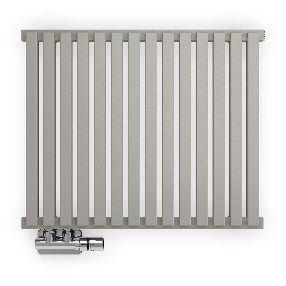 Metallic stone grey Terma Nemo radiator with vertical slats and a chrome valve at the bottom left corner, showcasing a modern and sleek design.