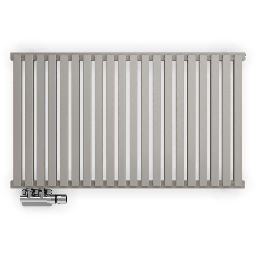 Metallic stone horizontal designer radiator in a sleek, modern design, measuring 915mm wide and 530mm high, featuring vertical slats and a chrome valve on the side.