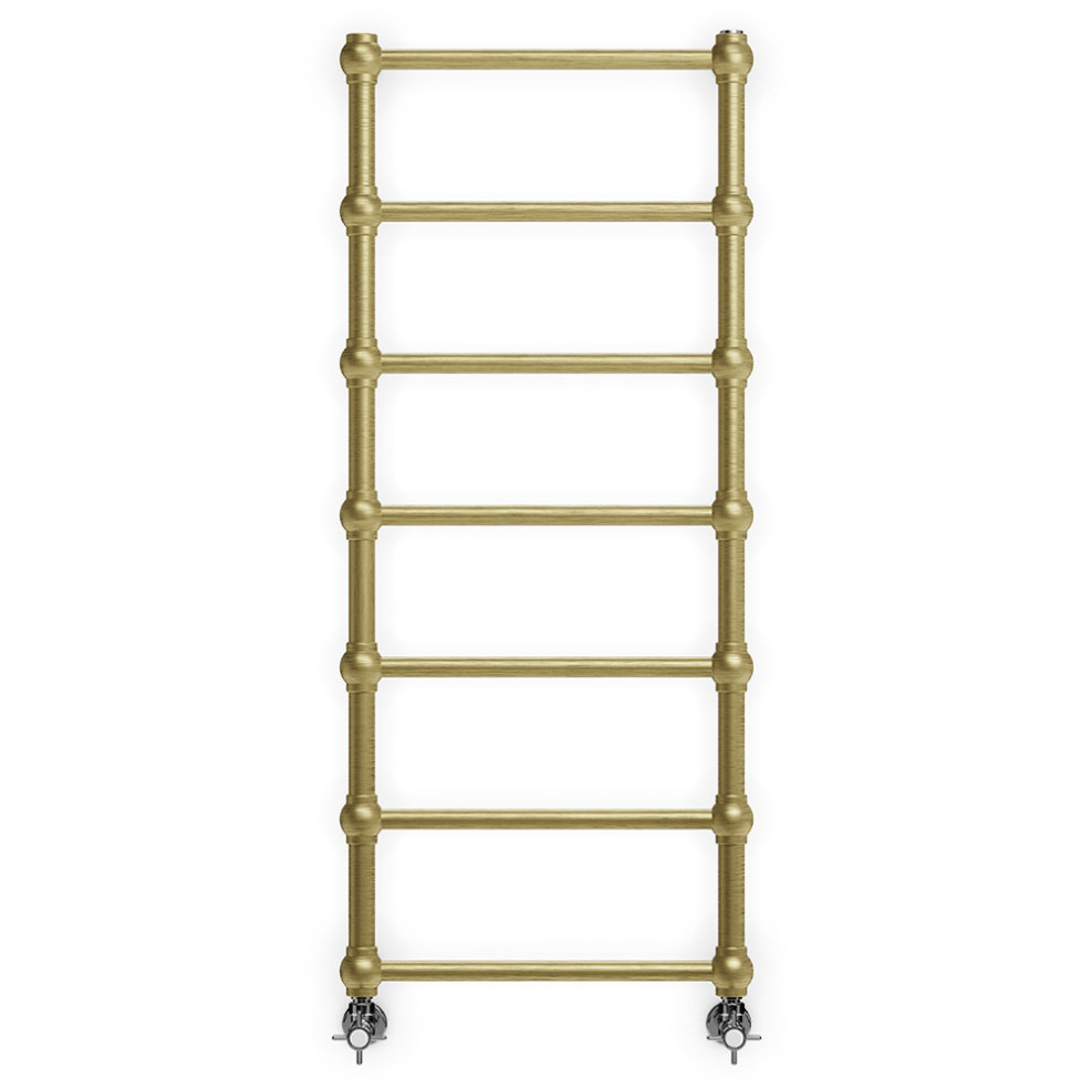 Bronze-finished Terma Retro towel warmer features a vertical design with five horizontal bars and decorative rounded accents, mounted on two stylish feet.
