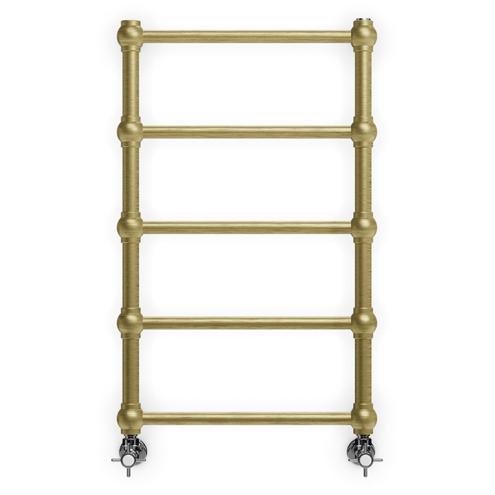 Brushed brass heated towel rail with a retro design, featuring four horizontal bars and decorative fittings, complemented by a warm brown finish.