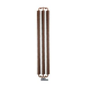 Bright copper vertical designer radiator with a sleek, modern ribbon design, measuring 290mm wide by 1720mm high, showcasing a unique textured finish.