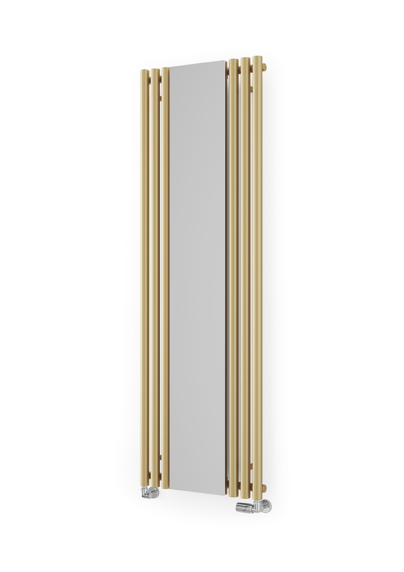 Brass and brown Terma Rolo-mirror radiator features a sleek design with a central mirror, eight tappings for side or underside valves, and diverter barrels.