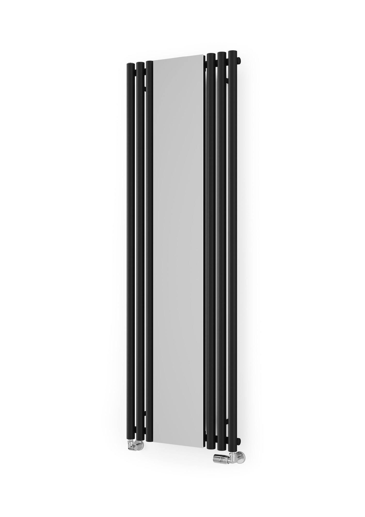 Terma Rolo-mirror radiator in Heban Black features a sleek design with a reflective surface, eight tappings for side or underside valves, and diverter barrels for efficient heating.