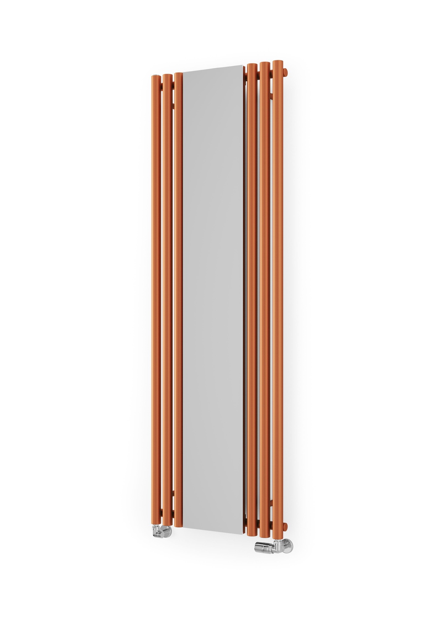 Vertical designer radiator in copper finish with a mirrored central panel, featuring sleek, modern lines and a height of 1800mm and width of 590mm, ideal for central heating.