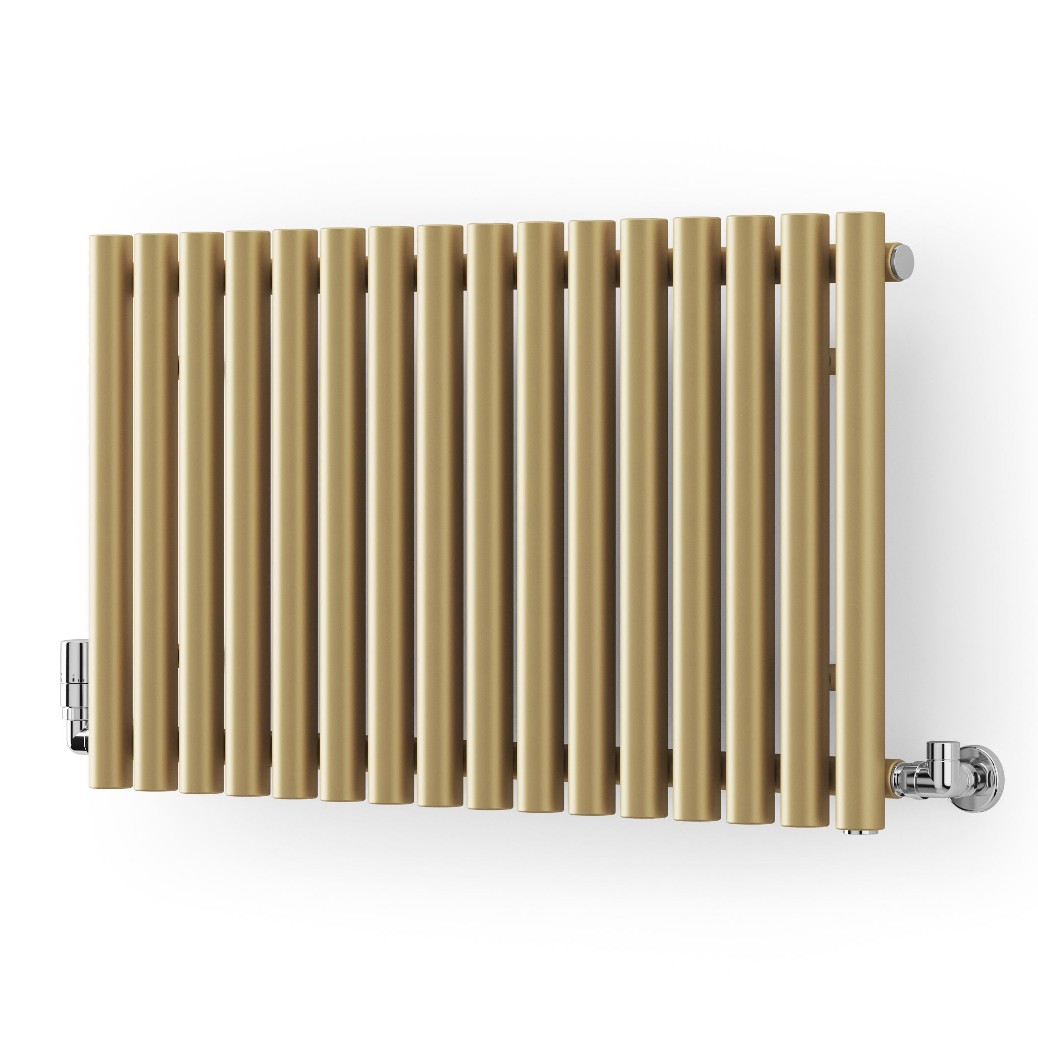Brass horizontal designer radiator with oval columns, featuring a sleek, modern design and chrome valves, measuring 590x865 mm.