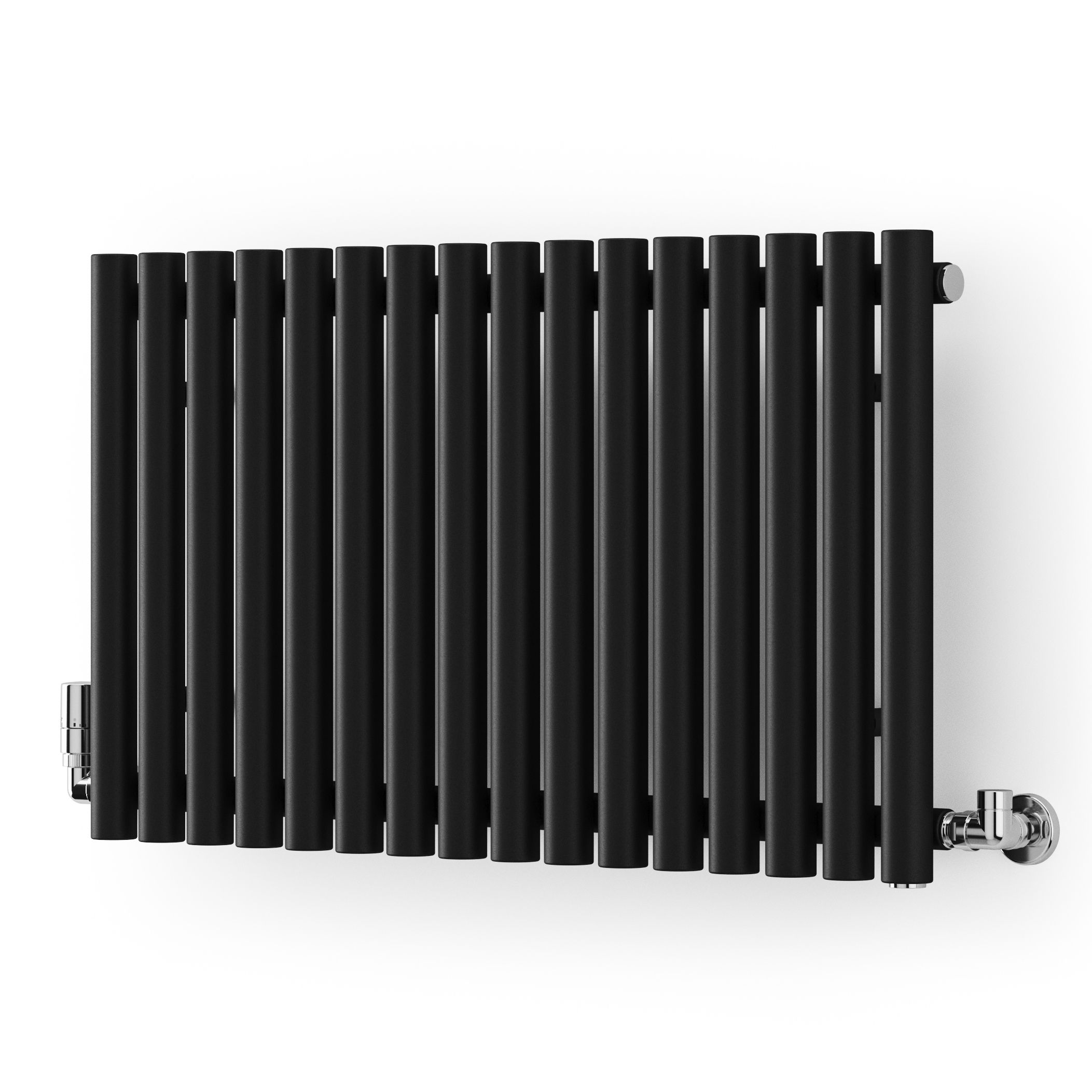 Horizontal designer radiator in matte black finish, featuring sleek vertical bars and chrome valves, measuring 865mm wide by 500mm high, ideal for modern interiors.