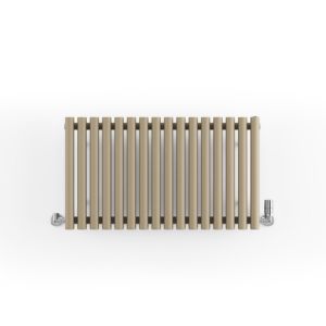 Quartz mocha horizontal designer radiator with a single panel, featuring vertical slats and chrome valves, measuring 500mm in height and 865mm in width.