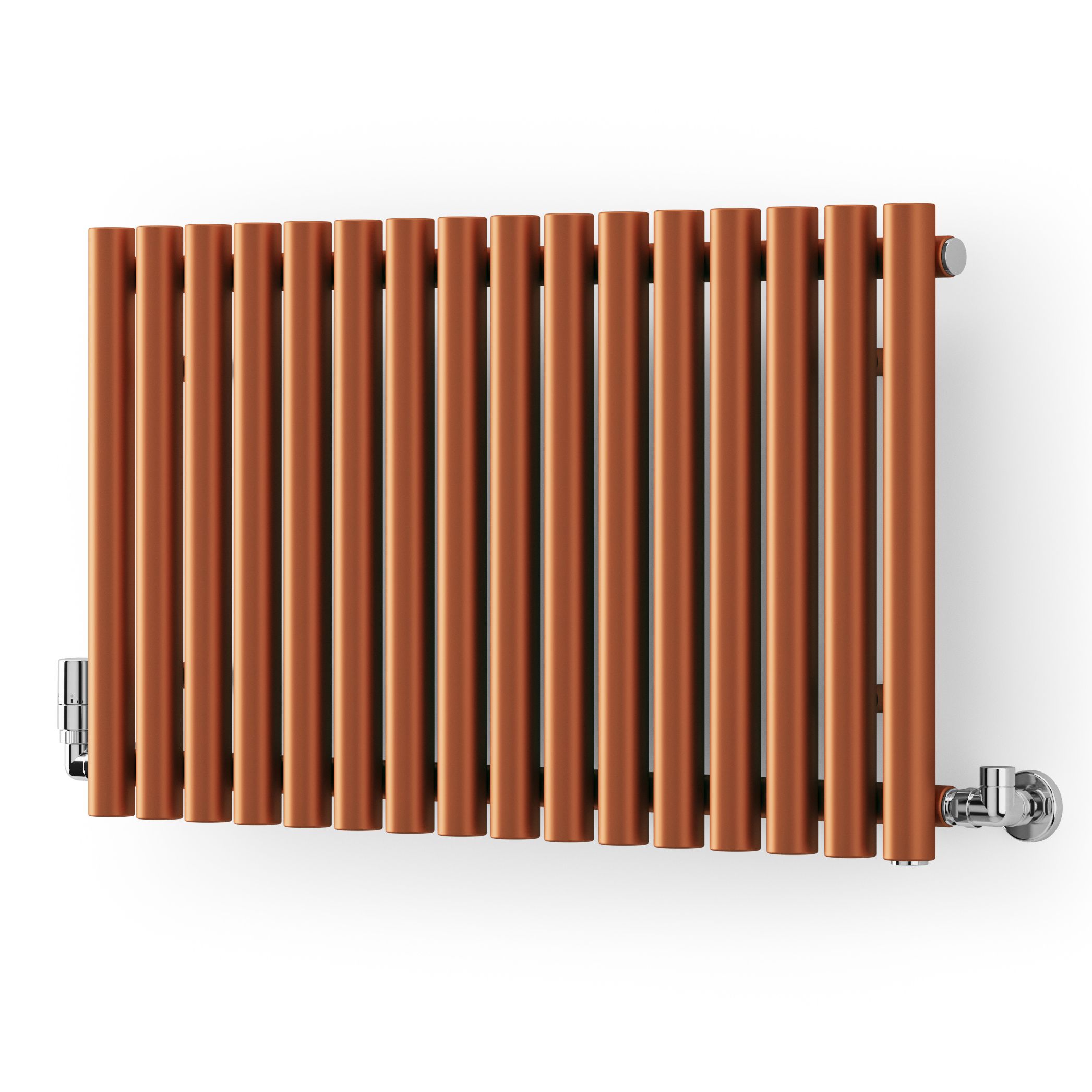 Copper horizontal designer radiator with oval columns, measuring 590 x 865mm, featuring a sleek, modern design and chrome valves on either side.