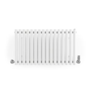 White RAL 9016 Terma Rolo-room radiator, 500x865 mm, featuring a sleek, vertical design with horizontal slats and visible connection valves on both ends.