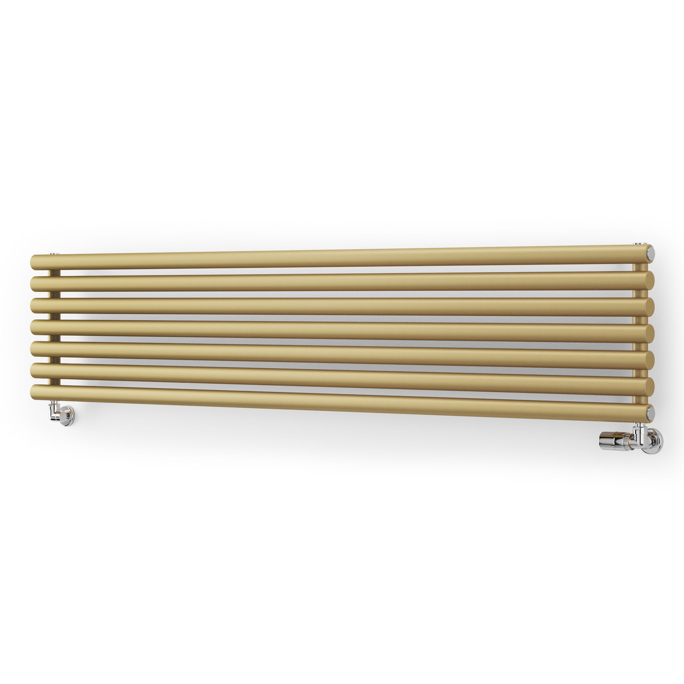 Brass horizontal designer radiator with oval columns, featuring a sleek, modern design and a size of 1800 x 370mm, complemented by chrome valves on each end.