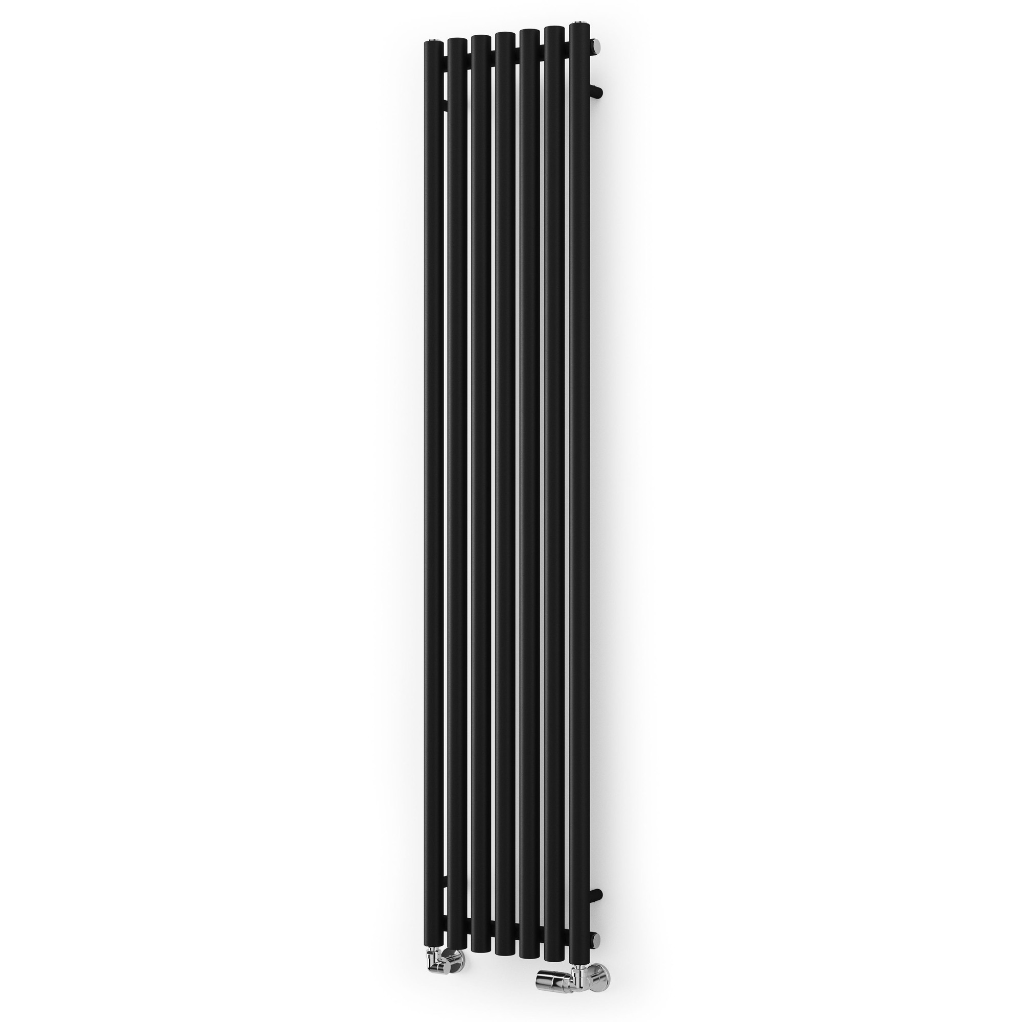 Tall, vertical Terma radiator in Heban Black with a sleek, modern design featuring multiple horizontal bars and chrome fittings at the bottom.