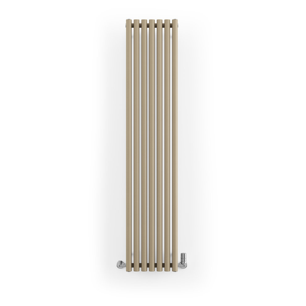 Quartz mocha vertical designer radiator with a sleek single panel design, measuring H1800mm x W370mm, featuring a modern finish and chrome valves.