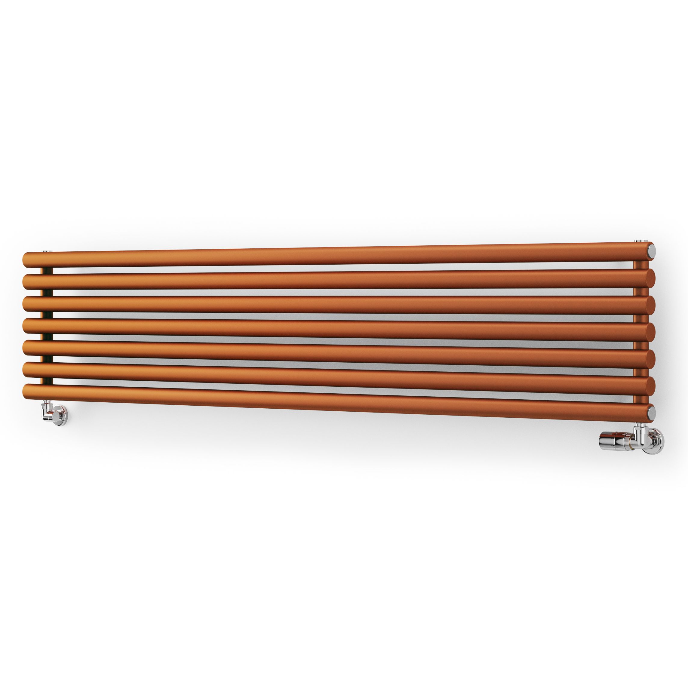 Terma Rolo-room radiator in true copper, featuring a sleek, horizontal design with six rounded tubes and chrome valves, finished in a rich brown color.