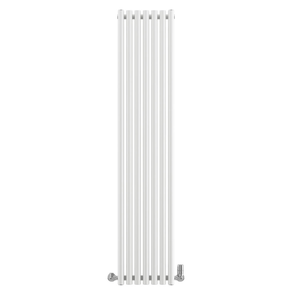 Tall, vertical white radiator with a sleek design, featuring multiple horizontal bars, made of metal, and finished in RAL 9016 for a modern look.