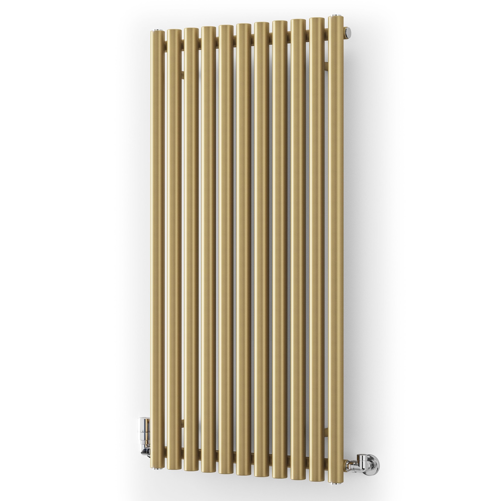 Brass horizontal or vertical designer radiator with a sleek, modern design featuring vertical slats, measuring 590mm wide by 1200mm high, and chrome valve fittings.