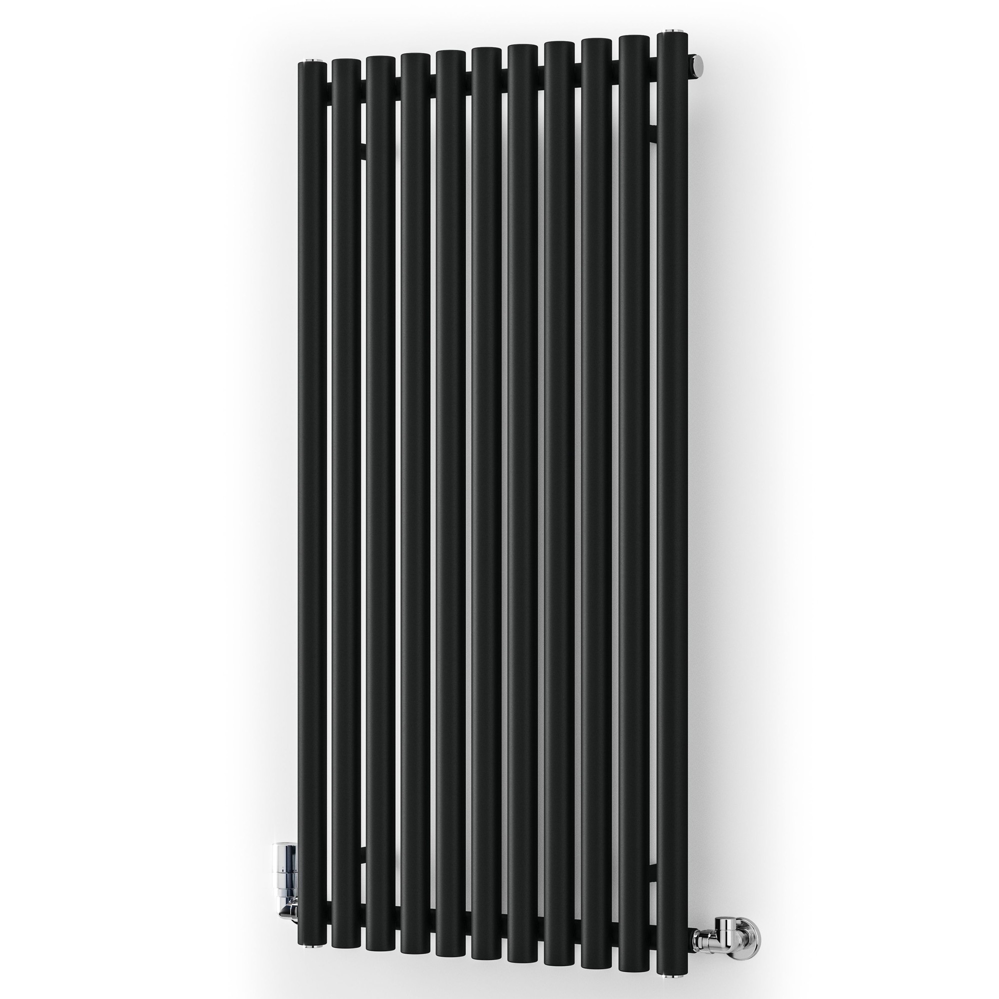 Matt black designer radiator with a sleek vertical or horizontal design, featuring multiple horizontal bars and chrome valves, measuring 590mm wide by 1200mm high.
