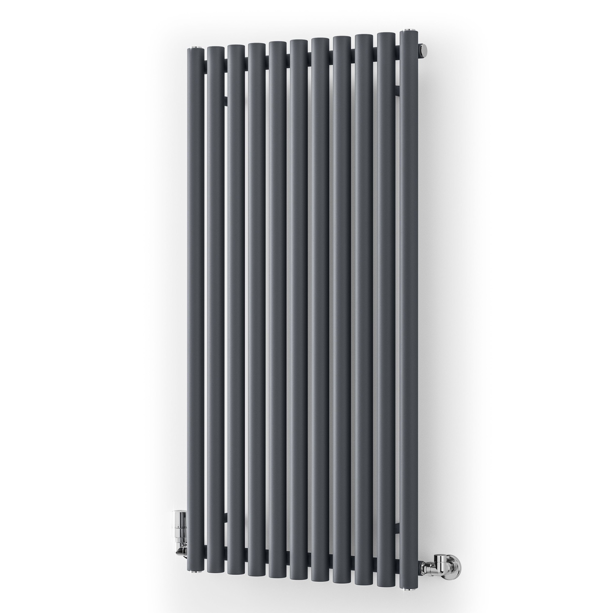 Modern grey Terma Rolo-room radiator, measuring 1200mm x 590mm, featuring vertical, slim bars and chrome fittings on the bottom.