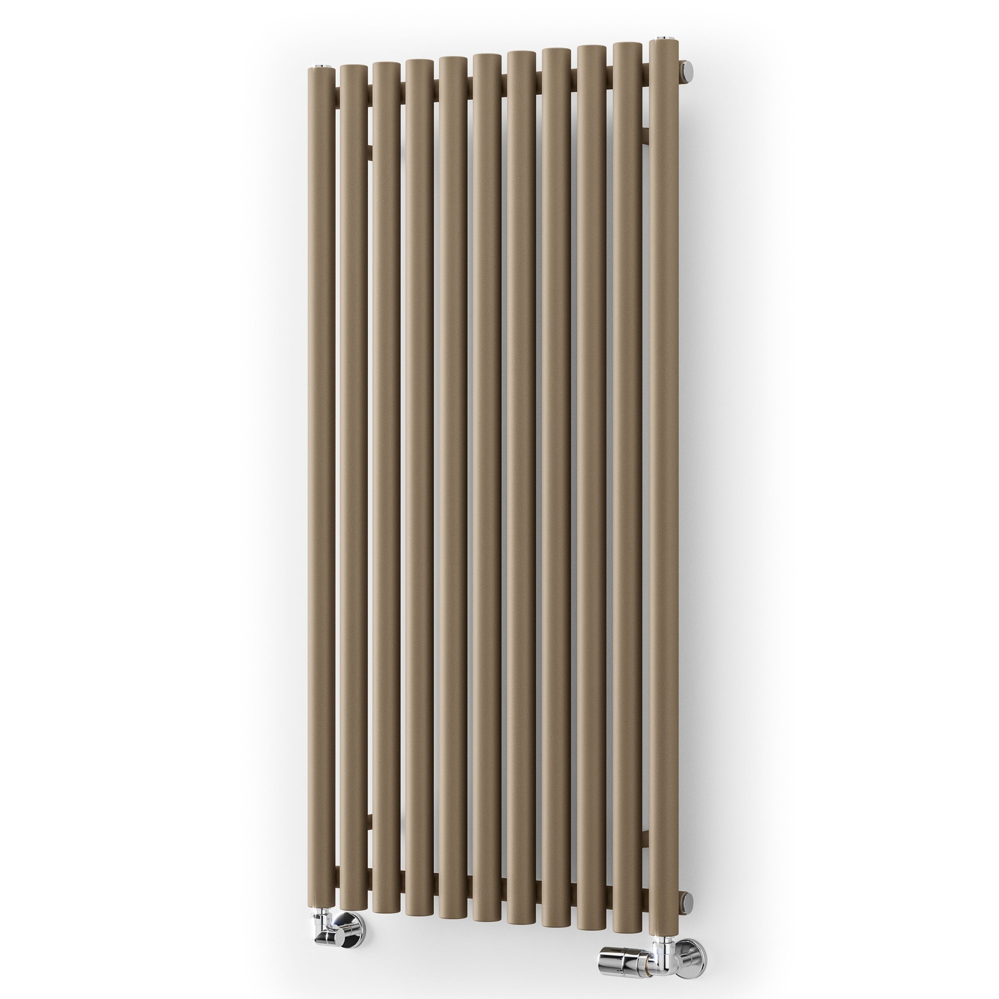 Terma Rolo-room radiator in Quartz Mocha, featuring a sleek vertical design with horizontal slats and chrome valves at the bottom. Dimensions: 1200mm x 590mm.