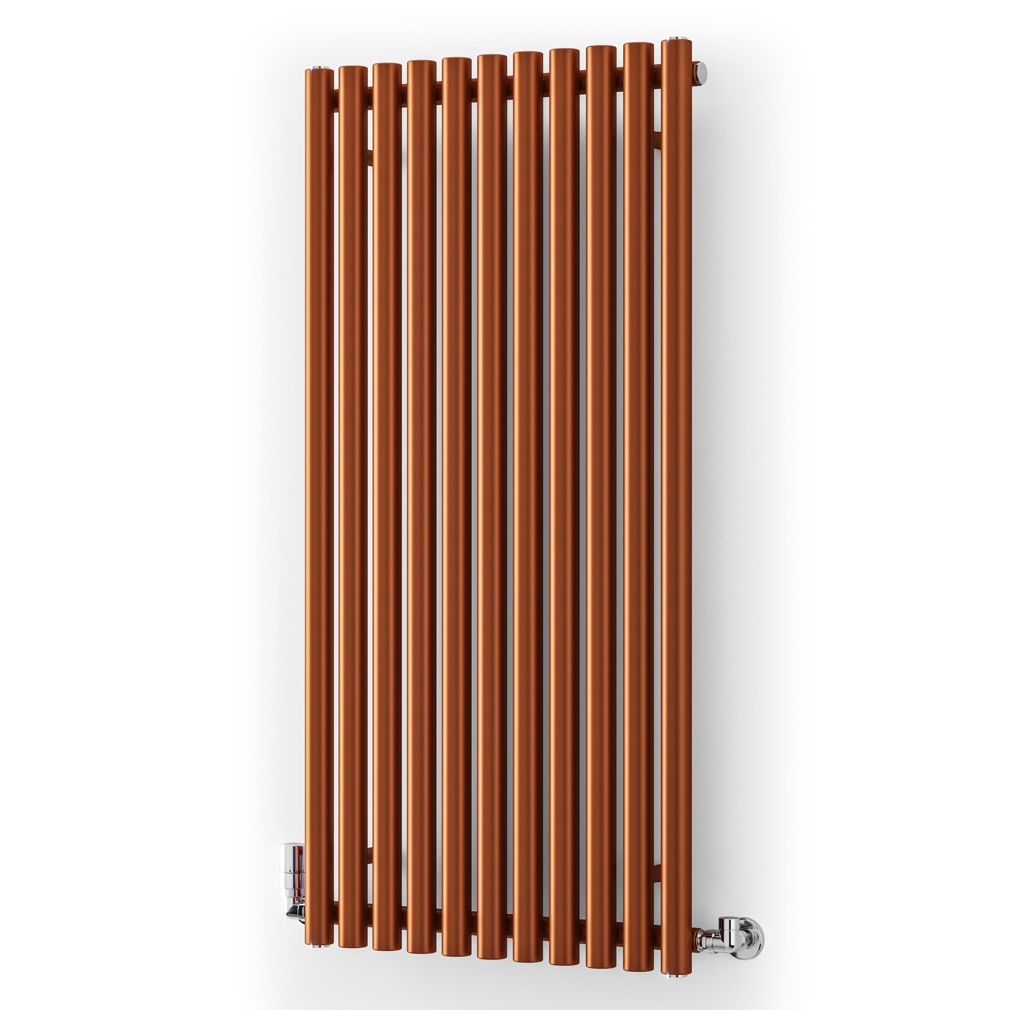 Copper horizontal or vertical designer radiator with a sleek, modern design featuring vertical slats, measuring 590mm wide by 1200mm high, and chrome fittings at the base.