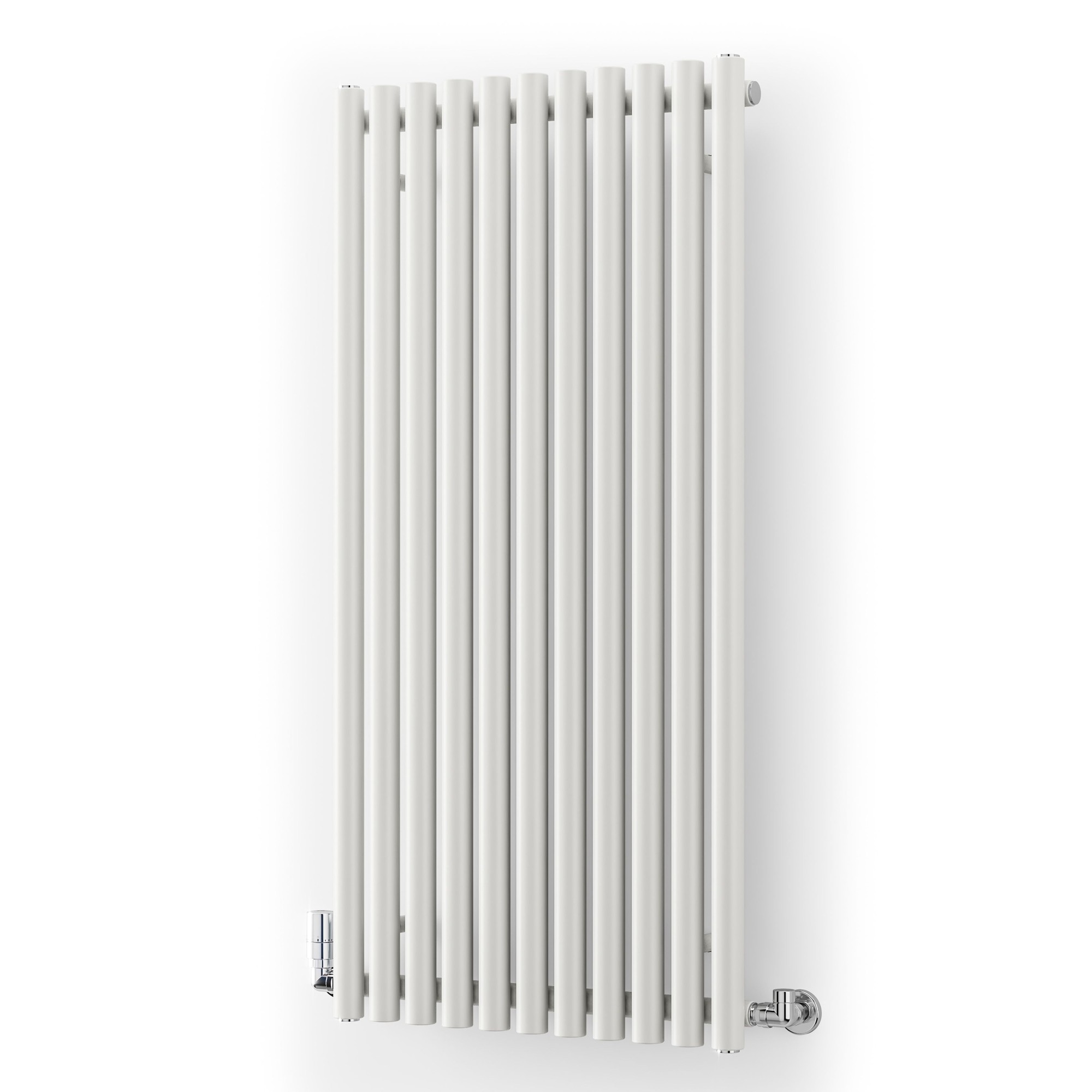 Satin white designer radiator with a vertical or horizontal orientation, featuring a sleek, modern design with vertical bars and chrome valves at the bottom.