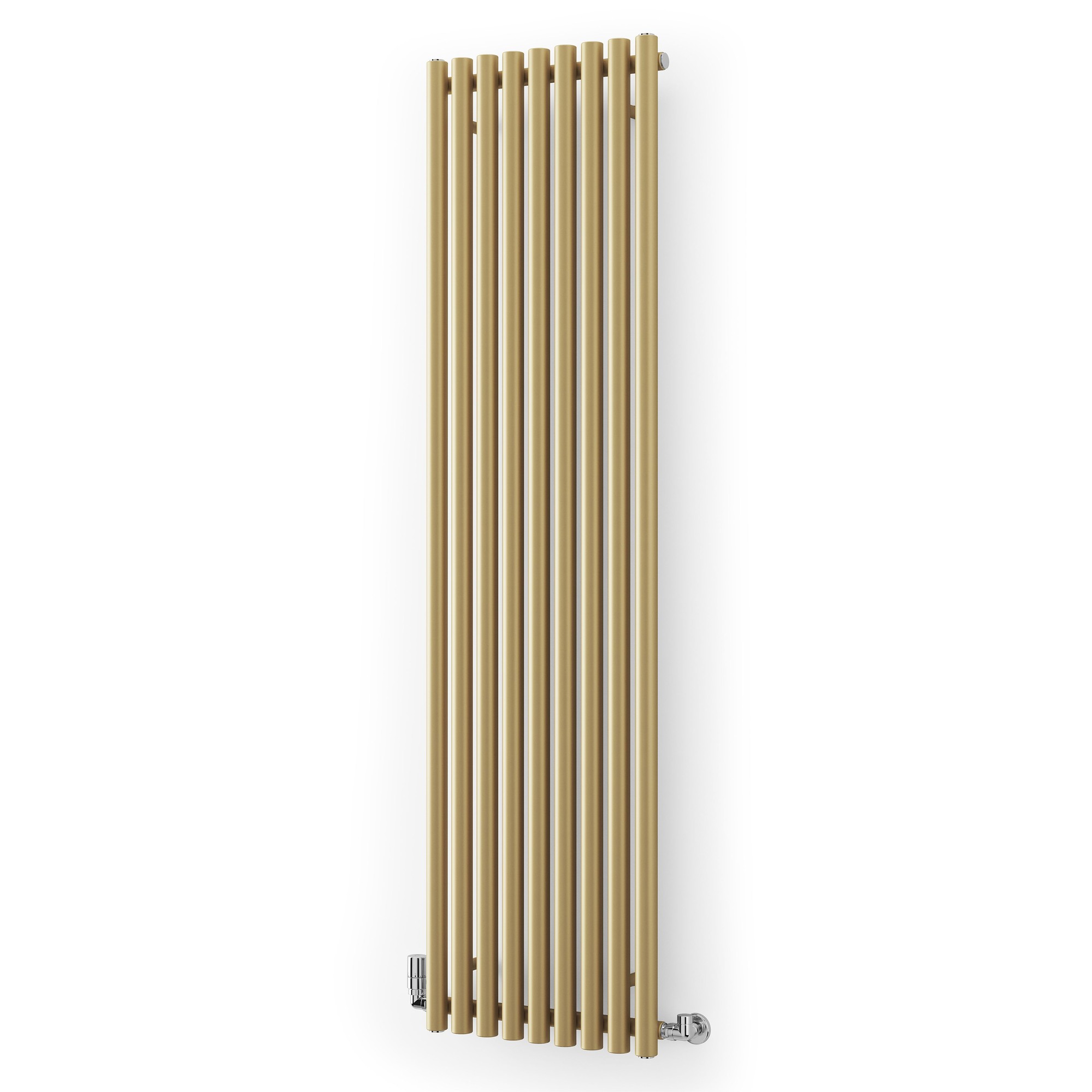 Tall, vertical radiator in brass finish with a brown hue, featuring multiple horizontal slats and sleek valves at the bottom for heating efficiency.