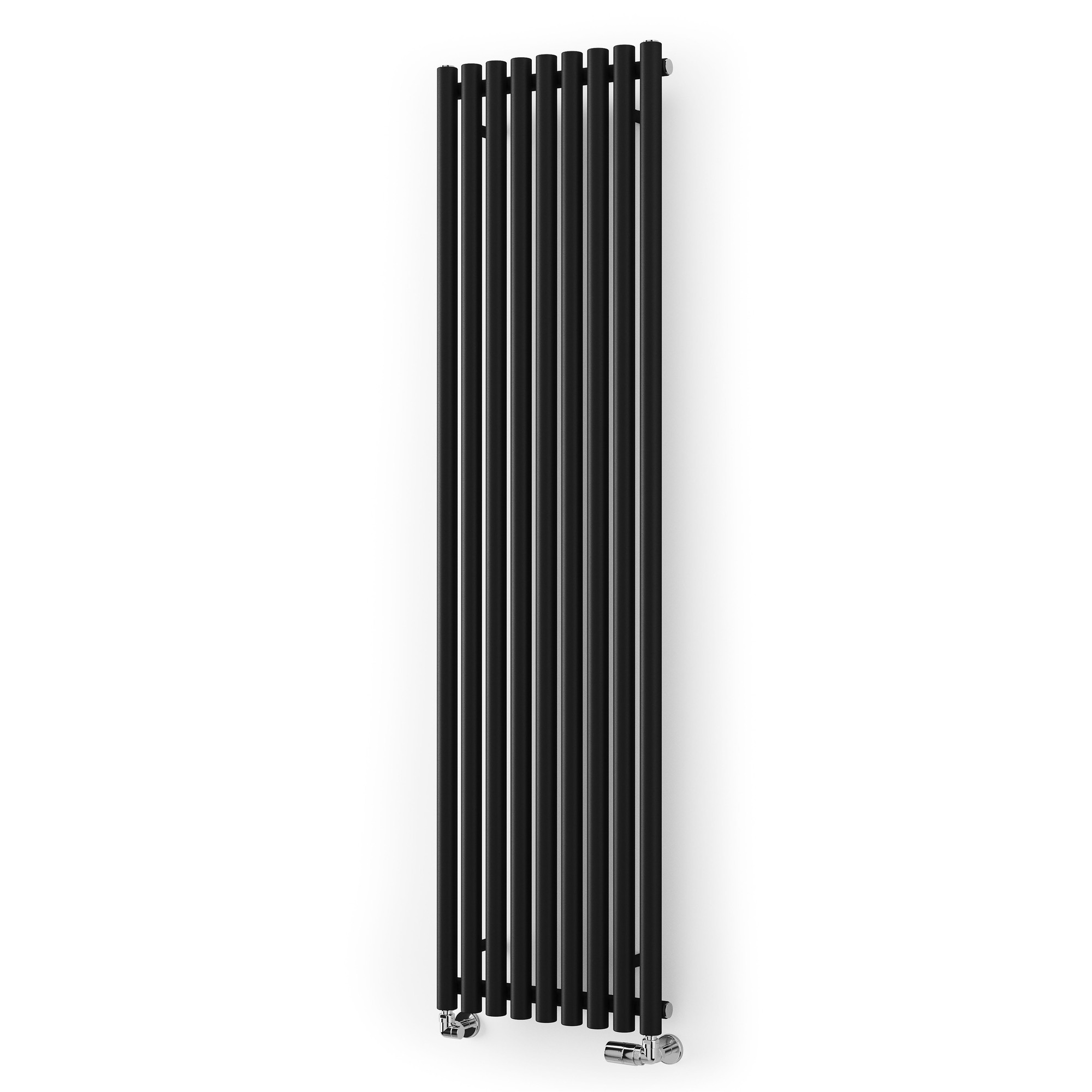 Tall, vertical Terma radiator in Heban Black, featuring a sleek design with multiple horizontal bars and chrome valve fittings, measuring 1800mm by 480mm.