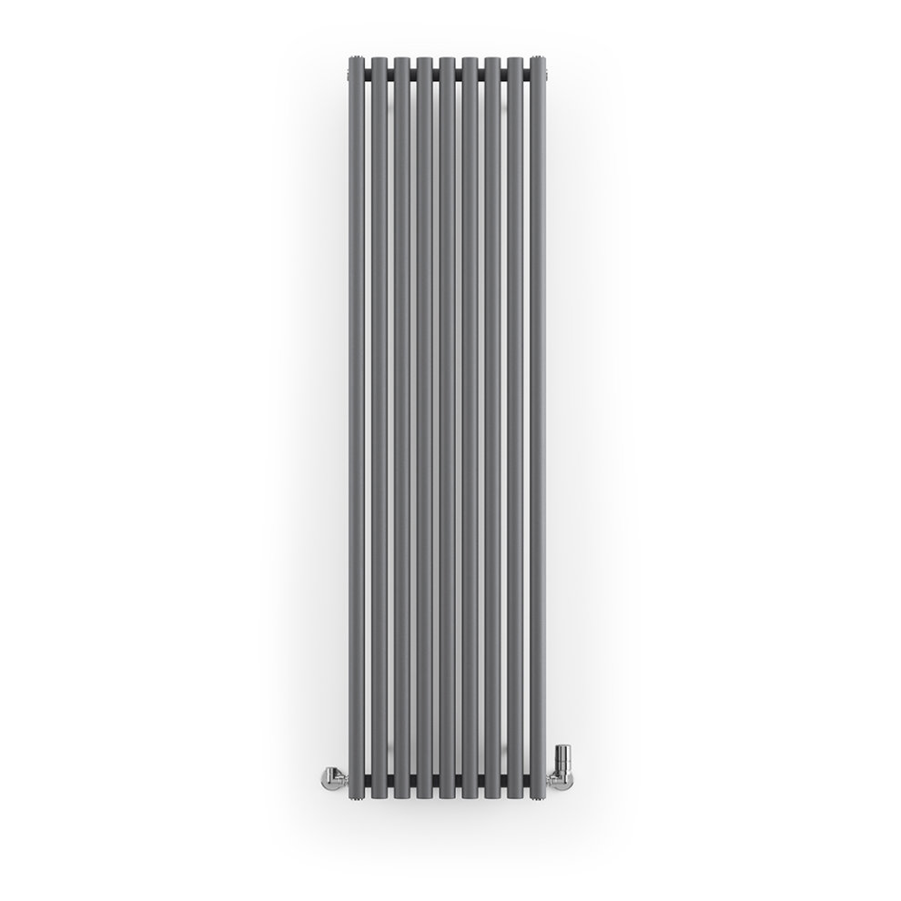 Anthracite vertical designer radiator with a sleek single panel design, measuring 1800mm in height and 480mm in width, featuring horizontal bars and chrome fittings.