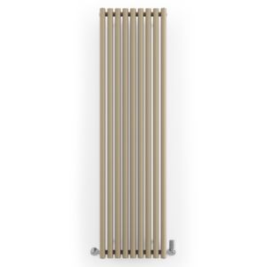 Tall, vertical radiator with a sleek design in Quartz Mocha brown, featuring multiple horizontal bars and silver fittings at the bottom.