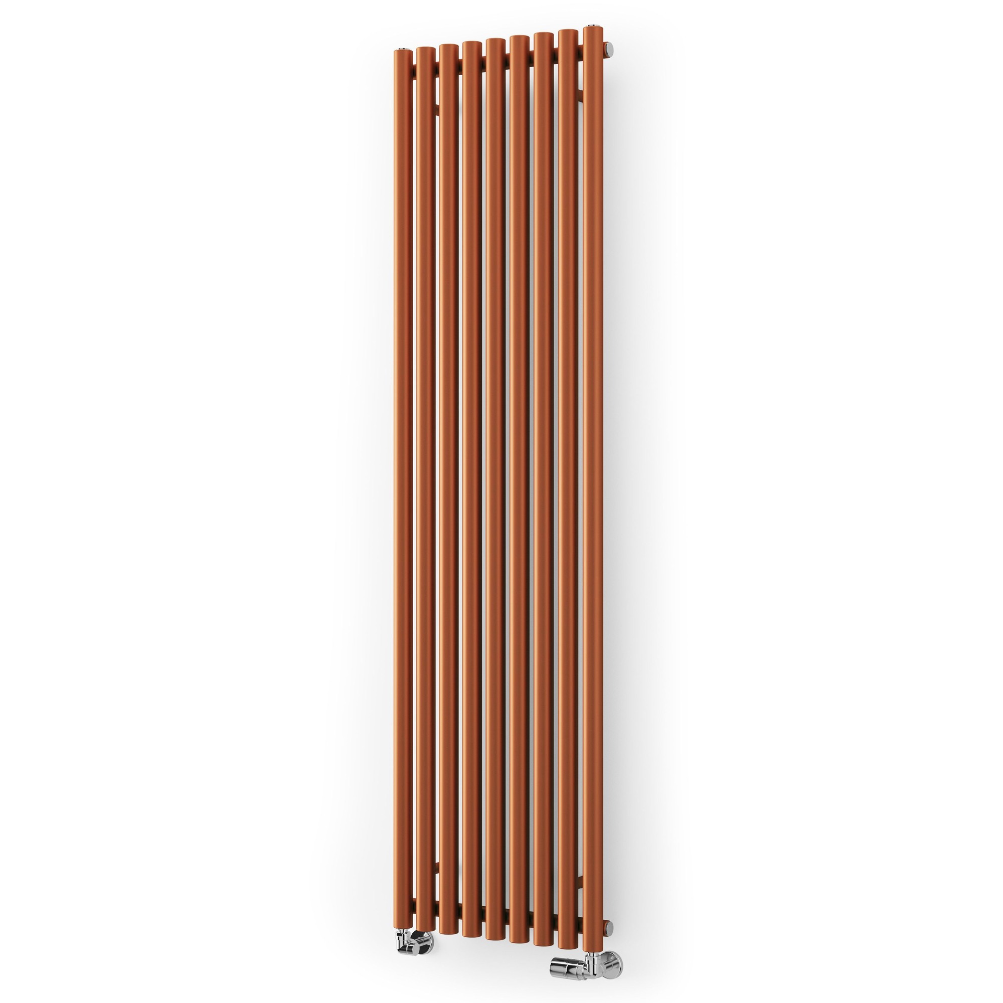 Tall, vertical radiator with a sleek design, featuring true copper finish in a rich brown color and multiple horizontal bars, complemented by chrome fittings at the bottom.