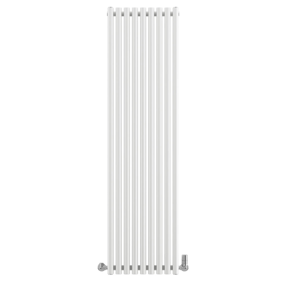 Tall, vertical white radiator with a sleek design, featuring multiple horizontal bars, made of metal, model Rolo-room 1800/480, in RAL 9016 finish.