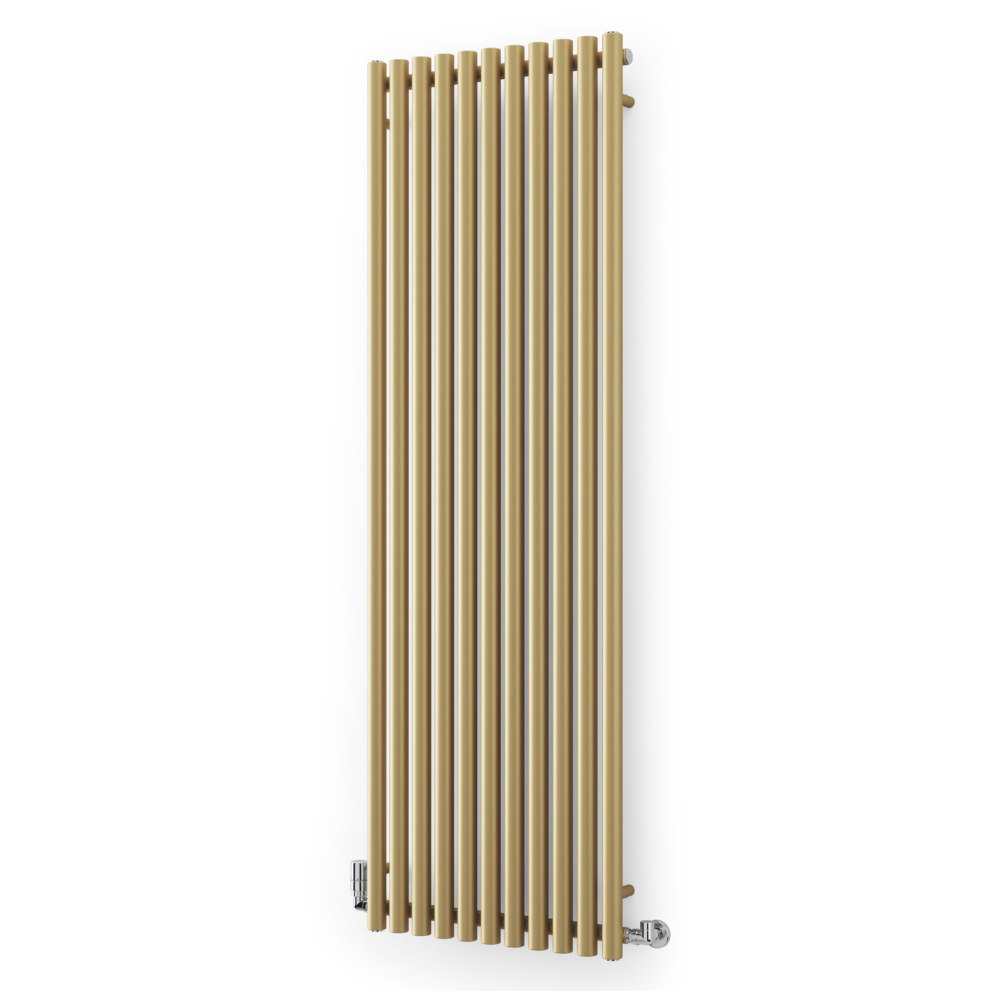 Brass horizontal or vertical designer radiator with a sleek, modern design, featuring vertical bars and a matte finish, measuring 590mm wide by 1800mm high.