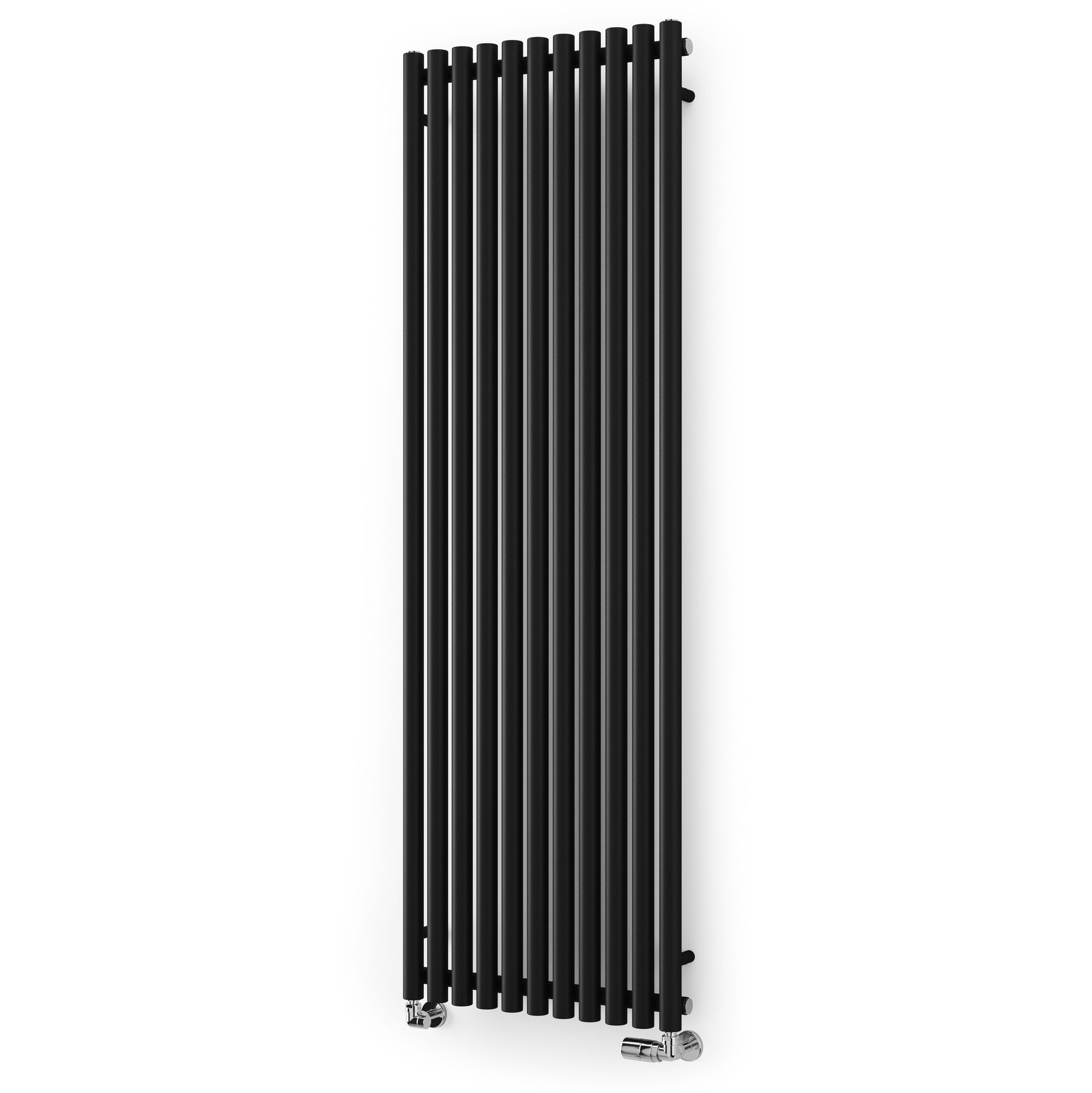 Tall, vertical Terma Rolo-room radiator in Heban Black, featuring a sleek, modern design with multiple horizontal bars and chrome valves at the bottom.