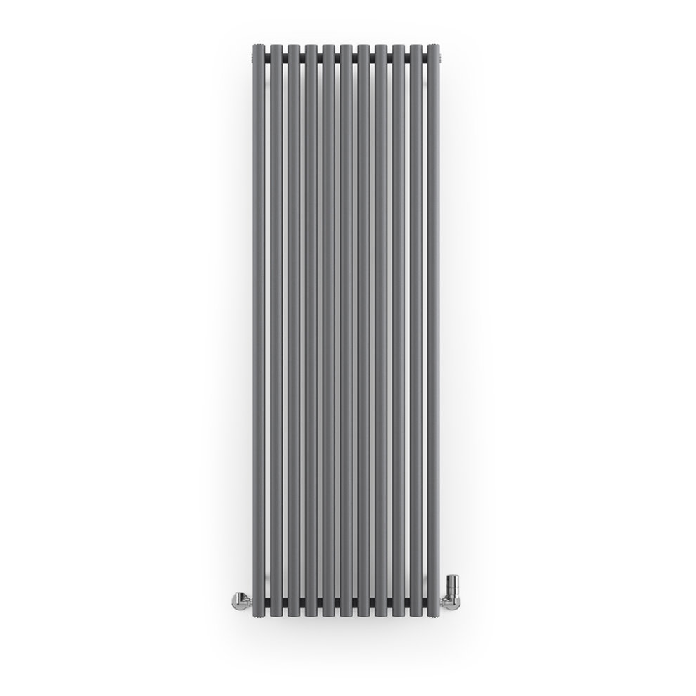 Modern grey Terma Rolo-room radiator, measuring 1800mm x 590mm, featuring vertical bars and sleek design with chrome valves at the bottom.
