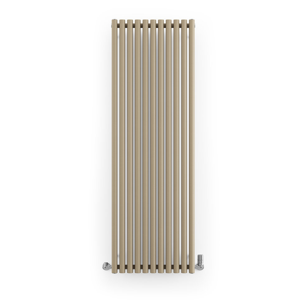 Tall, horizontal or vertical designer radiator in mocha color, featuring sleek vertical bars and chrome valves, measuring 590mm wide by 1800mm high.