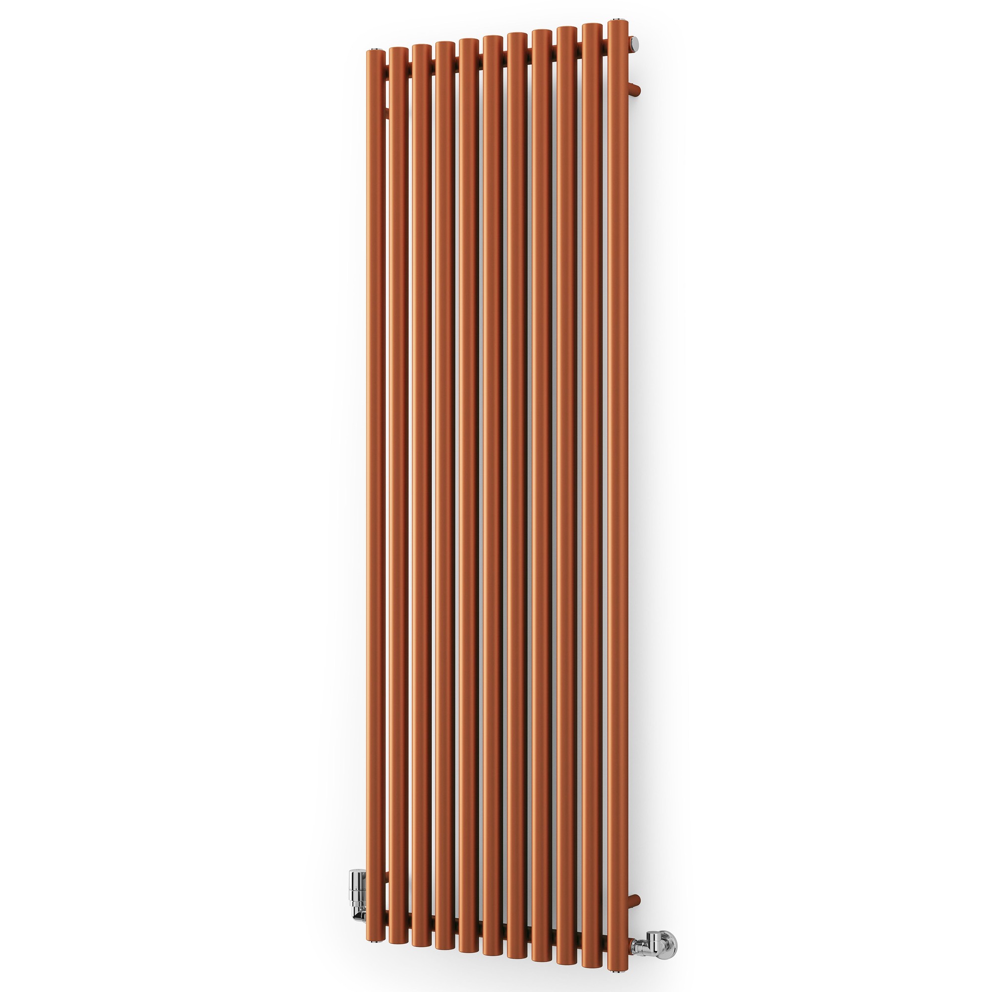 Copper horizontal designer radiator with oval columns, measuring 1800x590mm, featuring a sleek, modern design and polished finish for central heating.