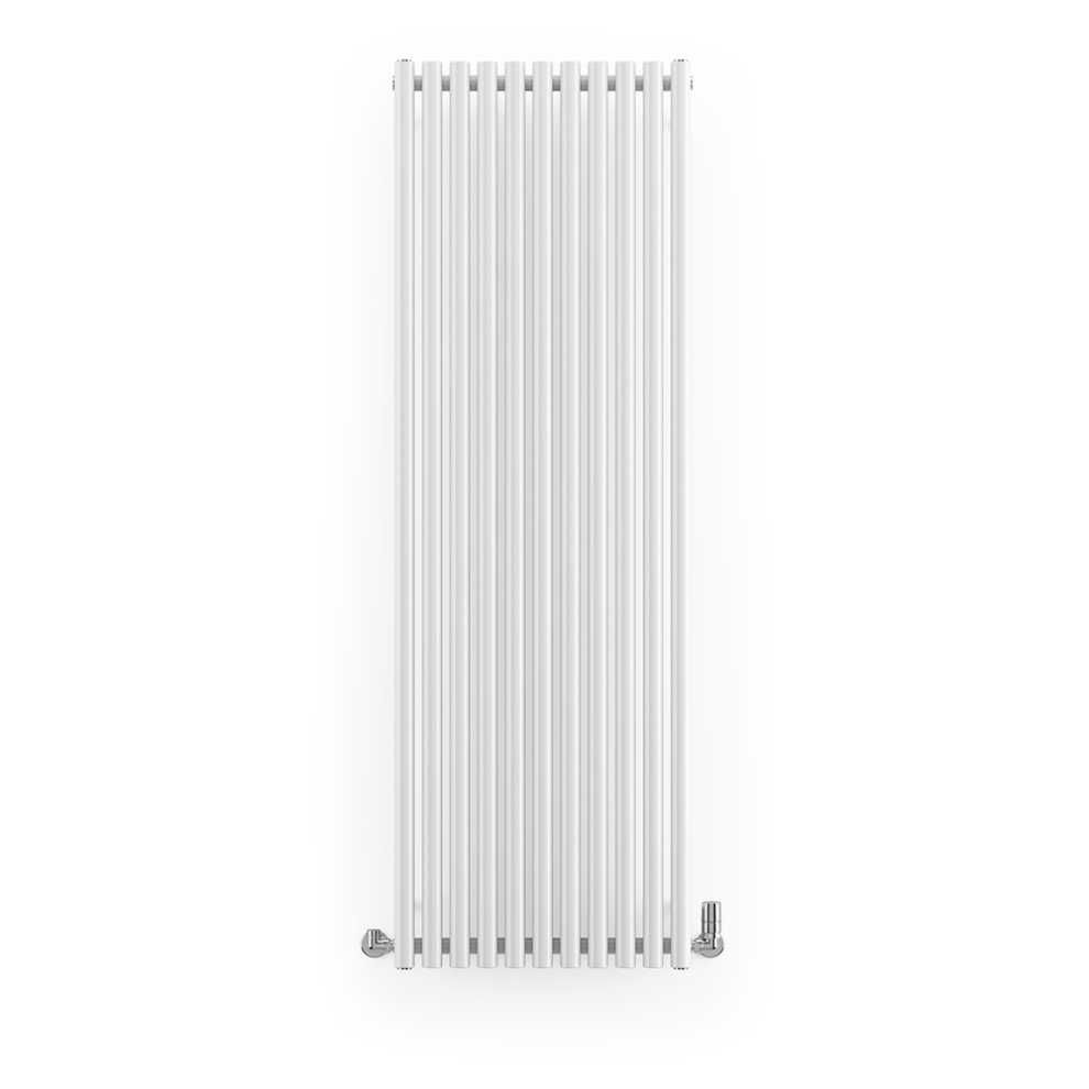 Tall, vertical white radiator with a sleek, modern design featuring multiple horizontal bars, finished in RAL 9016, with visible valves at the bottom.