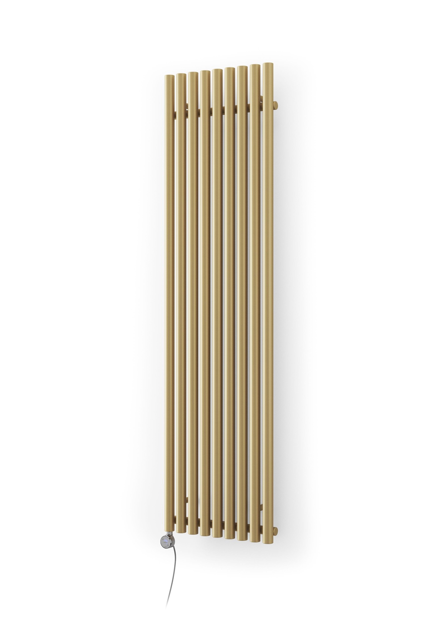 Terma Electric Radiator Rolo-room-e in brass with a brown finish, featuring vertical slats and a chrome MOA Blue control, designed for efficient heating.