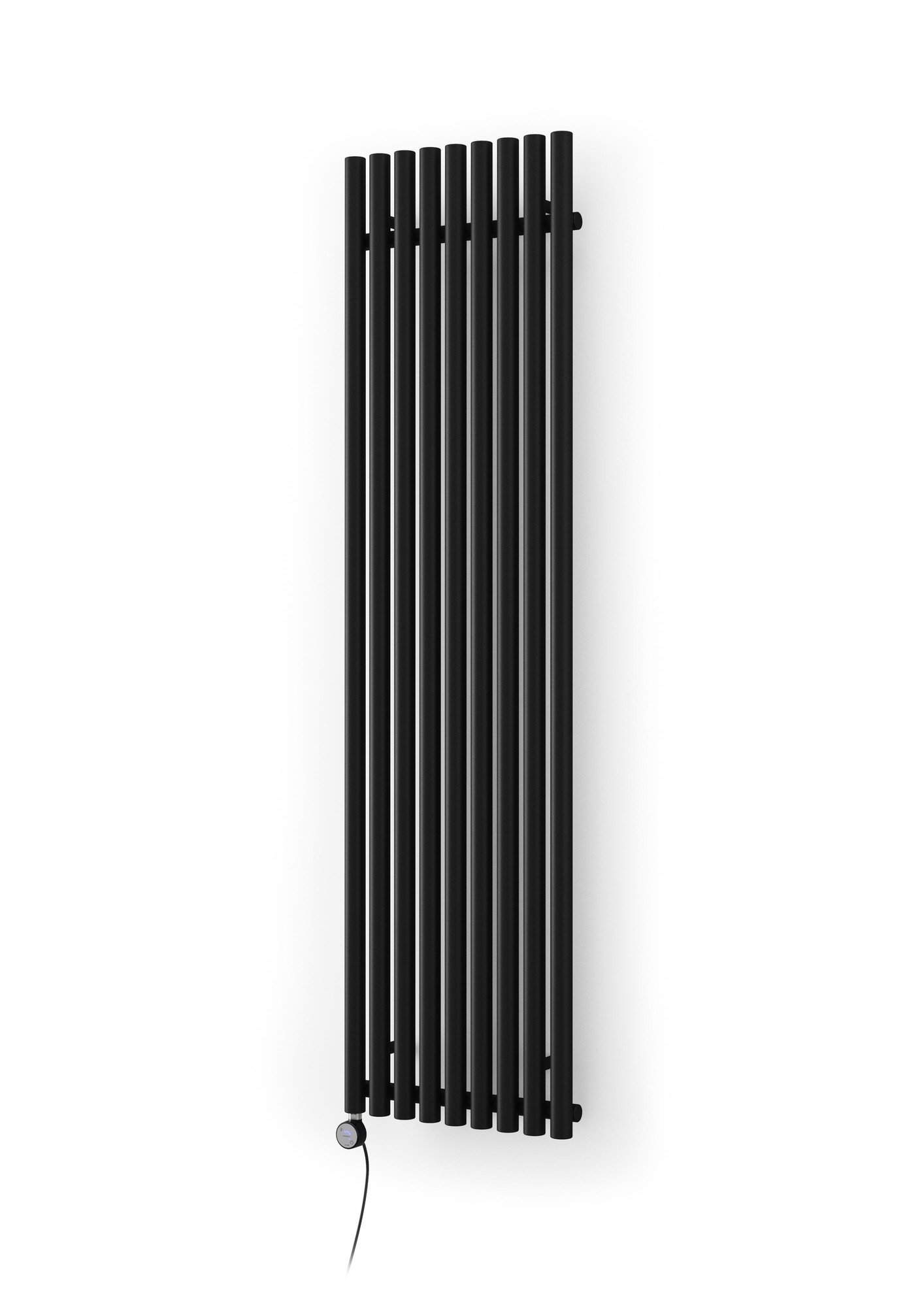 Terma Electric Radiator Rolo-room-e in Heban Black features a sleek design with vertical bars, a minimalist control dial, and a modern finish, ideal for contemporary spaces.
