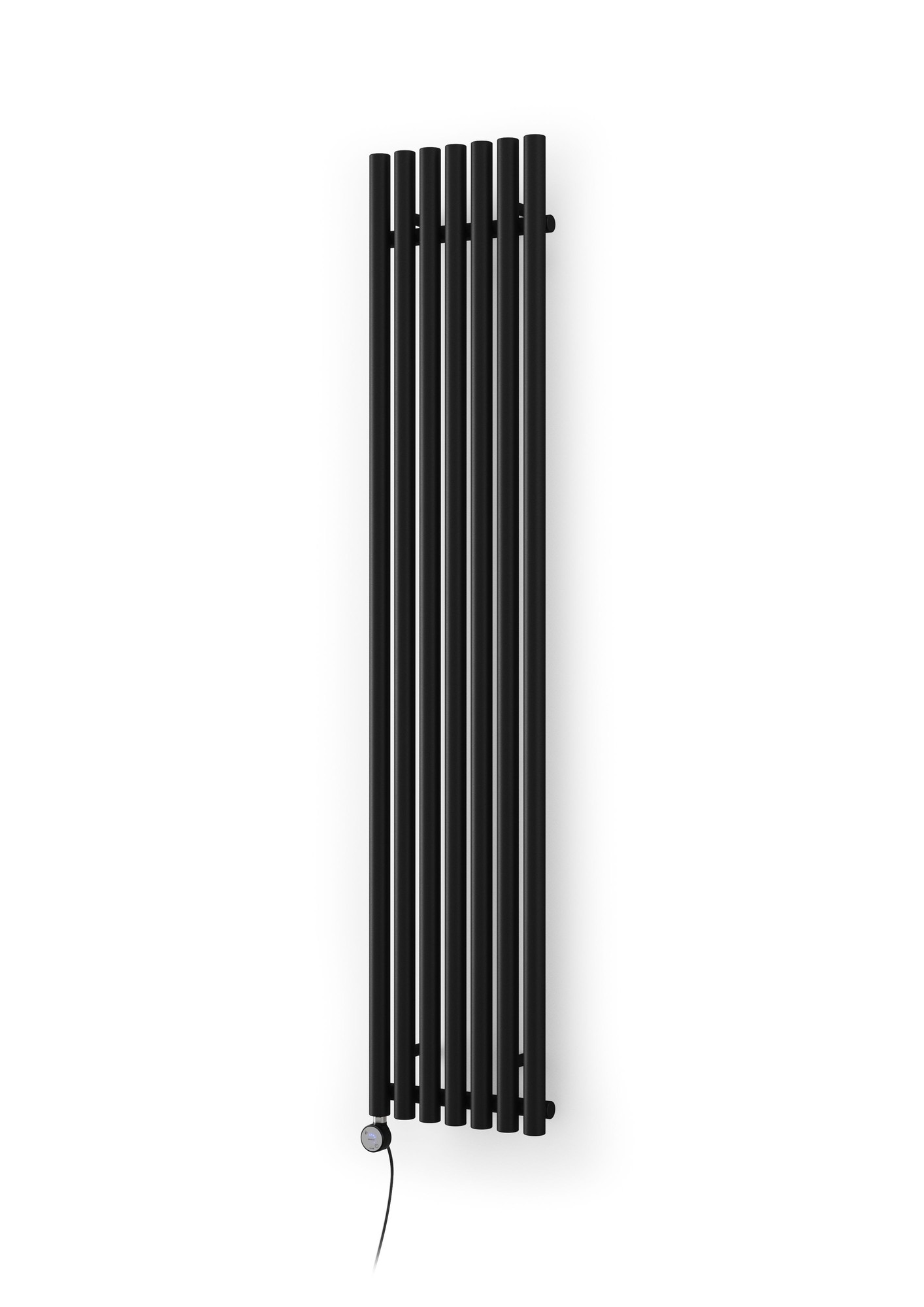 Terma Electric Radiator Rolo-room-e in Heban Black features a sleek vertical design with six horizontal bars and a MOA Blue control knob at the bottom.