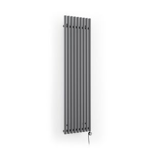 Modern grey vertical electric radiator with a sleek design, measuring 1800mm x 480mm, featuring multiple horizontal bars and a thermostatic control at the bottom.