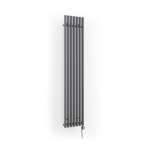 Modern grey Terma electric radiator, Rolo-room-e model, featuring vertical slats, sleek design, and a MOA Blue control switch in black at the bottom.
