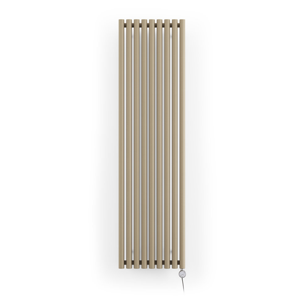 Vertical electric designer radiator in mocha color, featuring a sleek, modern design with vertical bars, measuring 480mm wide by 1800mm high, and a control valve at the bottom.