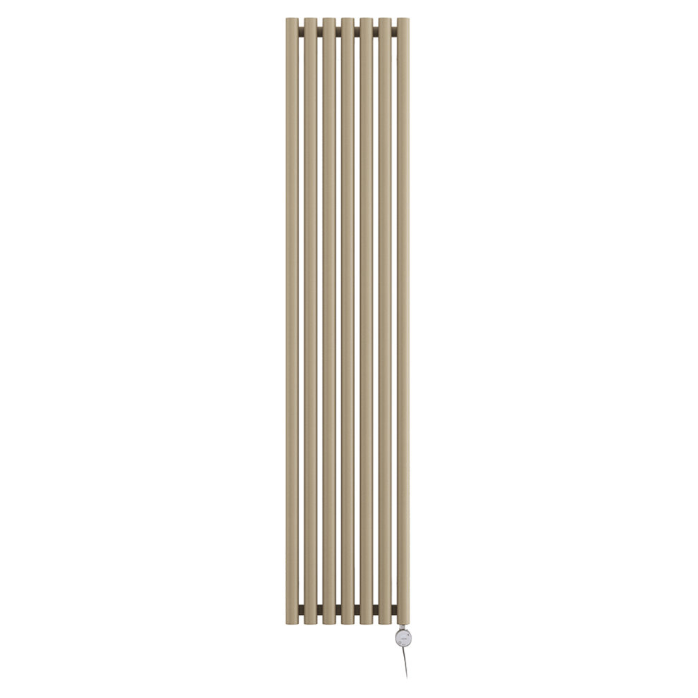 Slim vertical electric radiator in Quartz Mocha color, featuring a sleek silver finish and a circular control knob at the bottom for temperature adjustment.