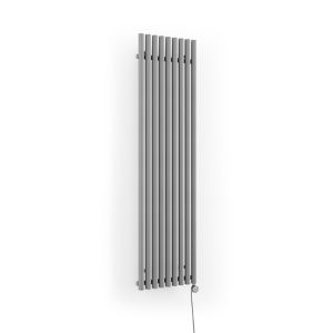 Tall, sleek silver electric radiator with vertical bars, featuring a minimalist design and a cord at the bottom, labeled "Rolo-room-e, 1800/480" by Terma.