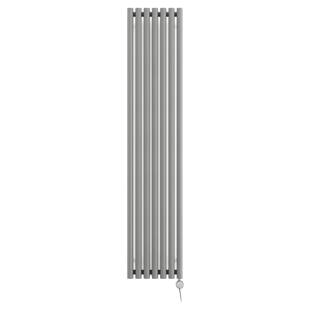 Vertical electric designer radiator in a sleek gray finish, featuring multiple slim vertical bars and a control valve at the bottom, measuring 370mm wide by 1800mm high.