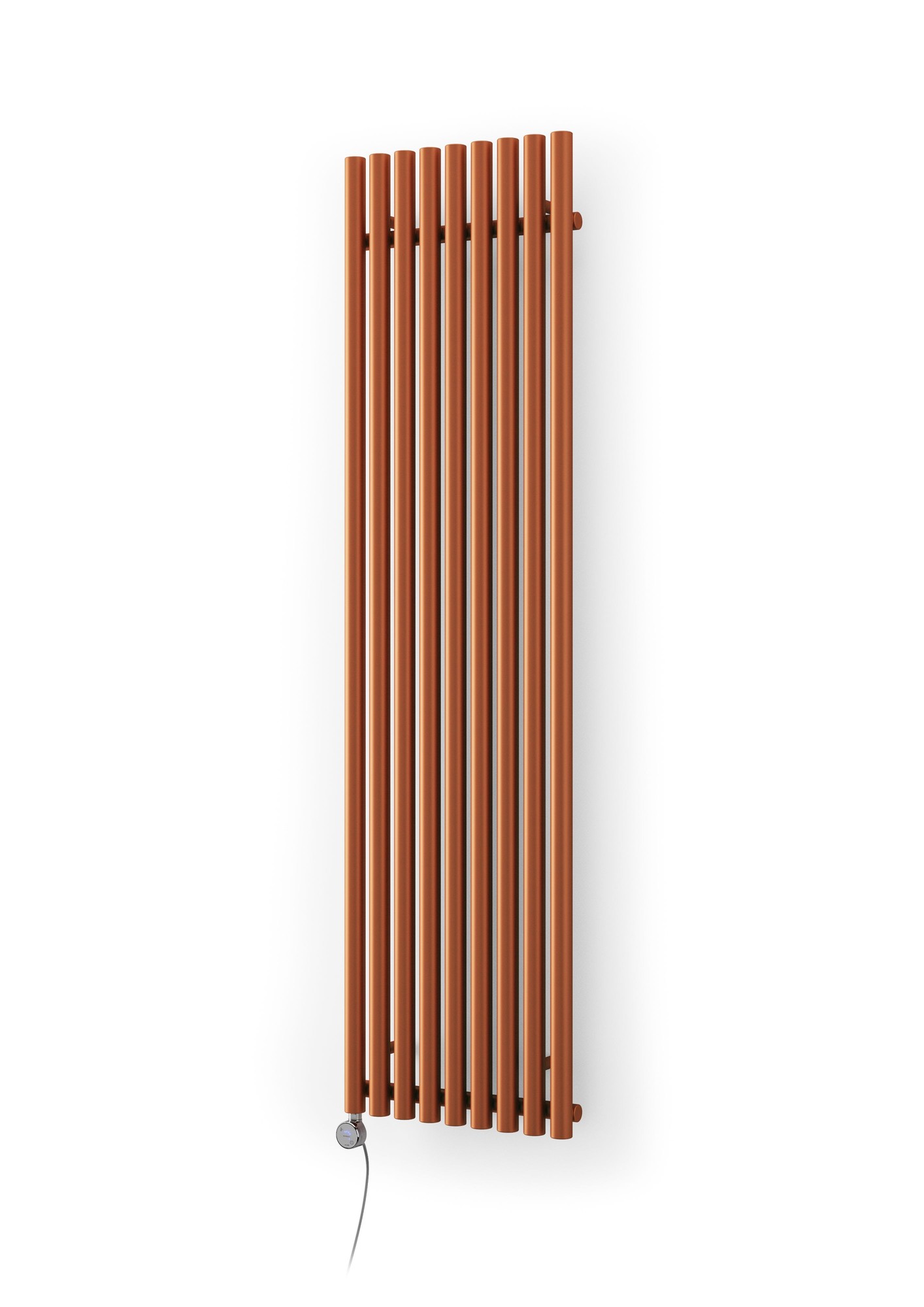 Terma Electric Radiator Rolo-room-e in true copper brown with vertical bars and a chrome MOA Blue control, featuring a sleek, modern design.