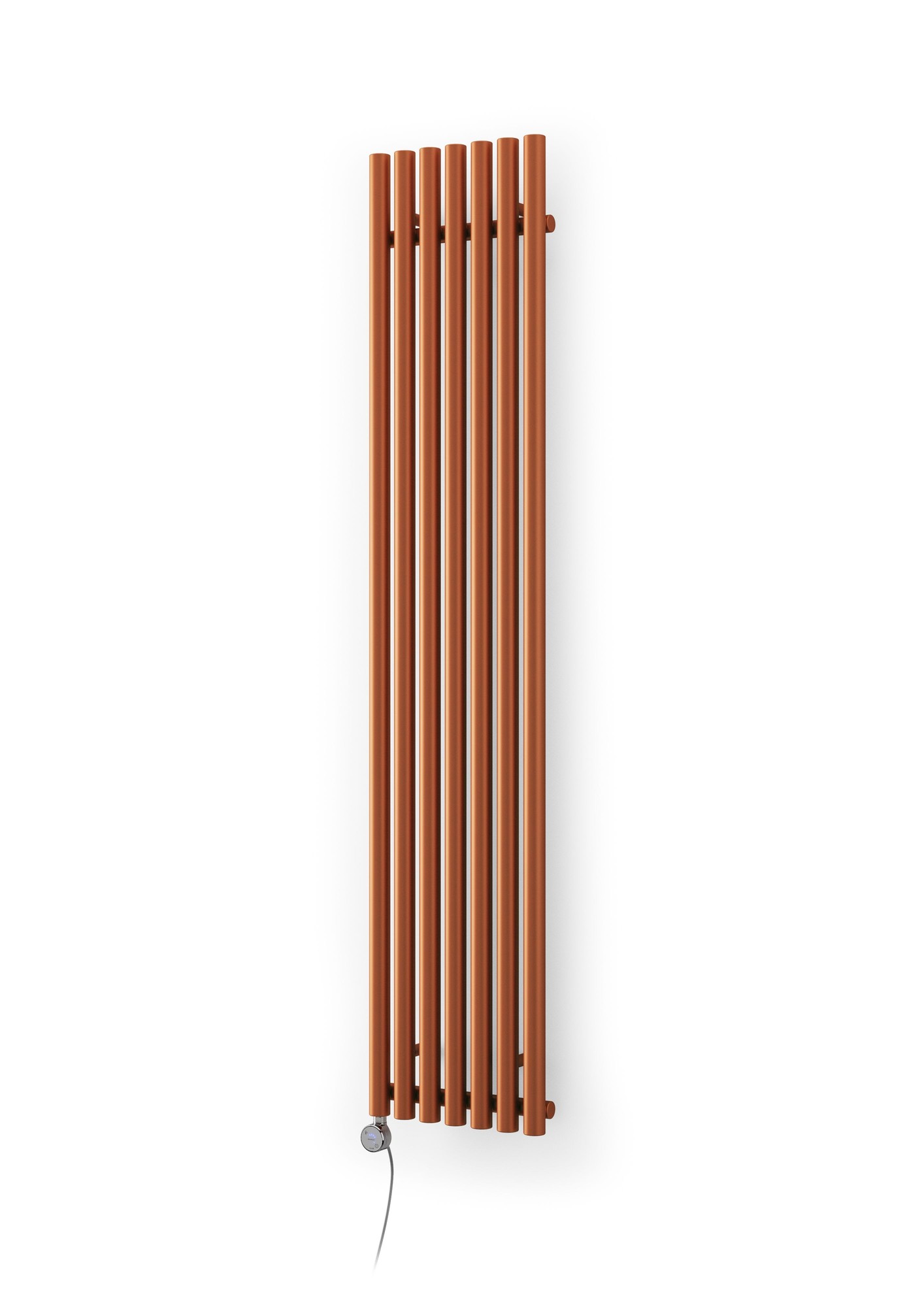 Copper vertical electric radiator with six horizontal bars, measuring 1800 x 370mm, featuring a sleek design and a power cord at the bottom.