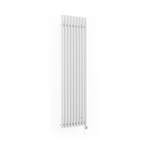 Tall, vertical electric radiator in White RAL 9016, featuring a sleek, modern design with horizontal slats and a minimalist aesthetic, suitable for contemporary interiors.