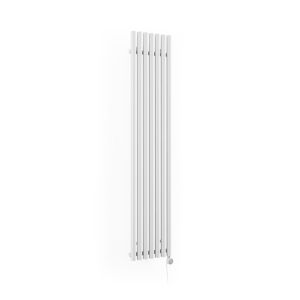 Tall, sleek electric radiator in RAL 9016 white, featuring vertical slats and a minimalist design, with a MOA Blue control panel at the bottom.